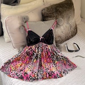 NWT velvet Kitten cami slip nighty lingerie, babydoll neon, animal, print lace M